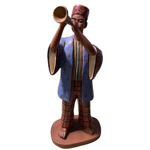 African 13” Musician Figurine Traditional Dress Playing Horn Instrument Kufi Hat